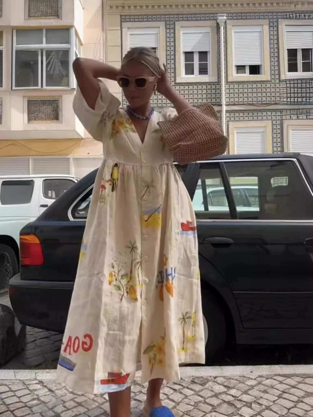 ZARA New Spring Summer Fashionable Printed Collar Cute Short Sleeve Loose Dress